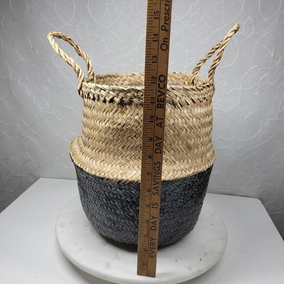 Seagrass Belly Basket 12" Tan Black Woven Wicker Home Storage Handles Lined New - Picture 3 of 16
